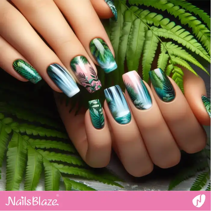 Tropical Fern Nails with Waterfalls | Nature-inspired Nails - NB1547